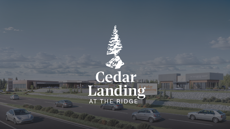 Rendering Of Cedar Landing With White Cedar Landing Logo Overlay On Top