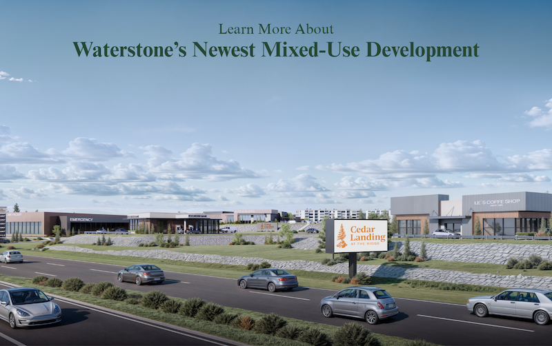 Rendering of Cedar Landing in Rochester New Hampshire with the overlayed text reading "Learn more about Waterstone's Newest Mixed-Use Development Cedar Landing at The Ridge