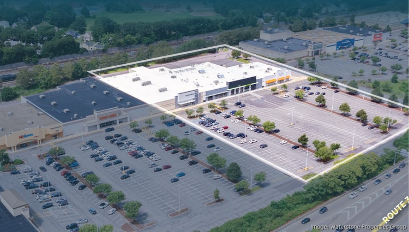 Aerial view of Braintree Marketplace space acquired by Waterstone Properties Group